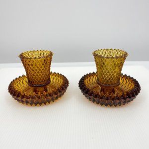Vintage Set of 2 Diamond Pattern Dark Amber Glass Votive Tealight Holders